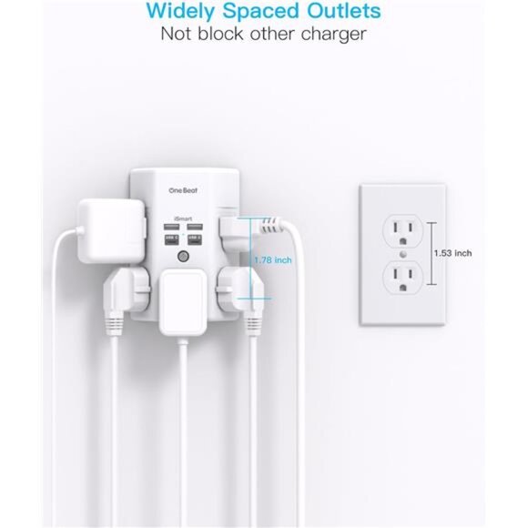 Surge Protector, 5 Outlets Extender with 4 USB Ports(USB C), 3-Side 1680J Power - Picture 7 of 8